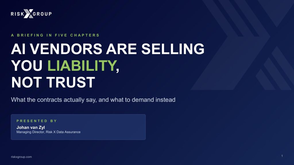 Title slide: AI Vendors Are Selling You Liability, Not Trust, presented by Johan van Zyl