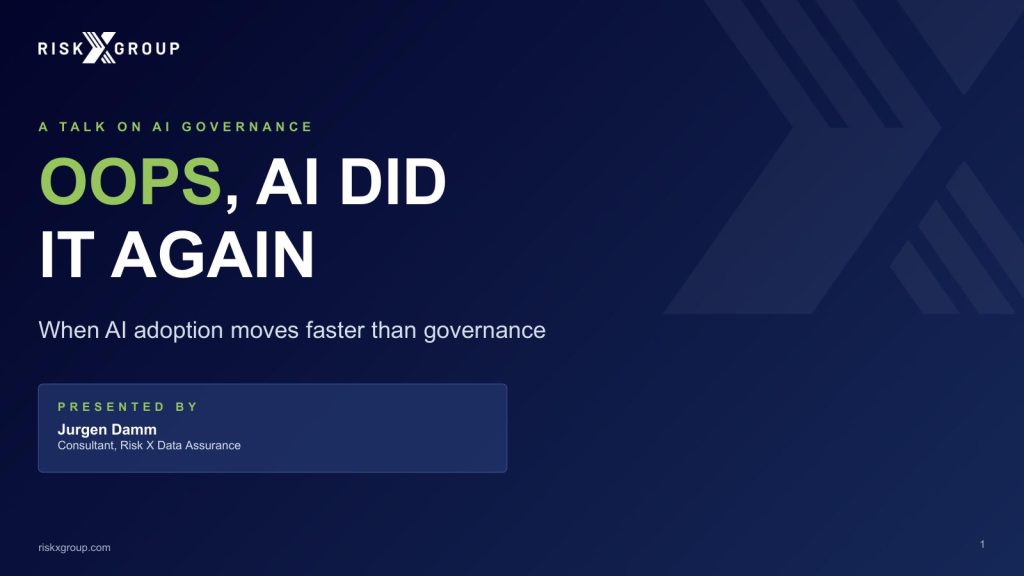 Title slide: Oops, AI Did It Again: When AI Adoption Moves Faster Than Governance, presented by Jurgen Damm