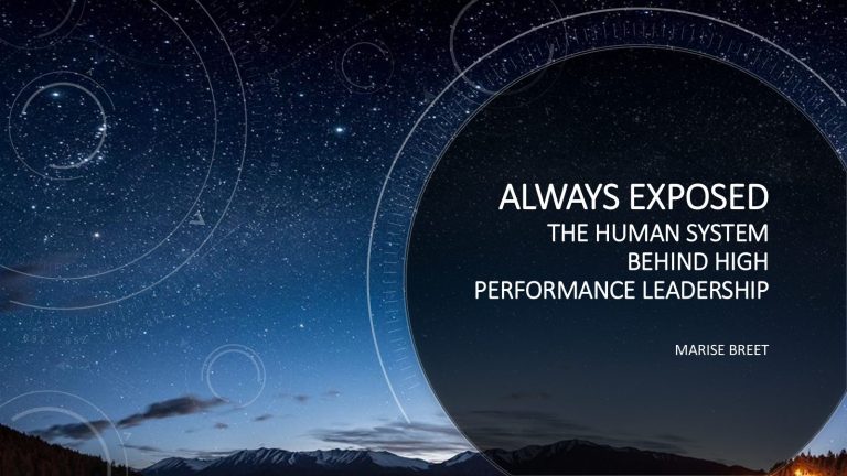 Title slide: The Human System Behind High-Performance Leadership, presented by Marise Breet