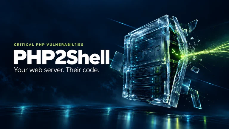 Glass PHP web server breached by a lime-green attack beam, illustrating PHP2Shell vulnerabilities